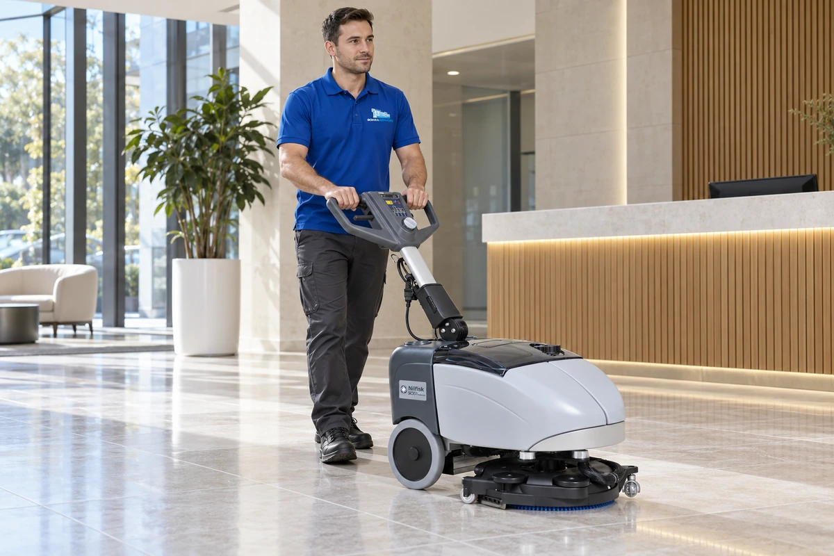 Illustration of a BONZA employee using a Nilfisk SC351 to clean a shared building foyer
