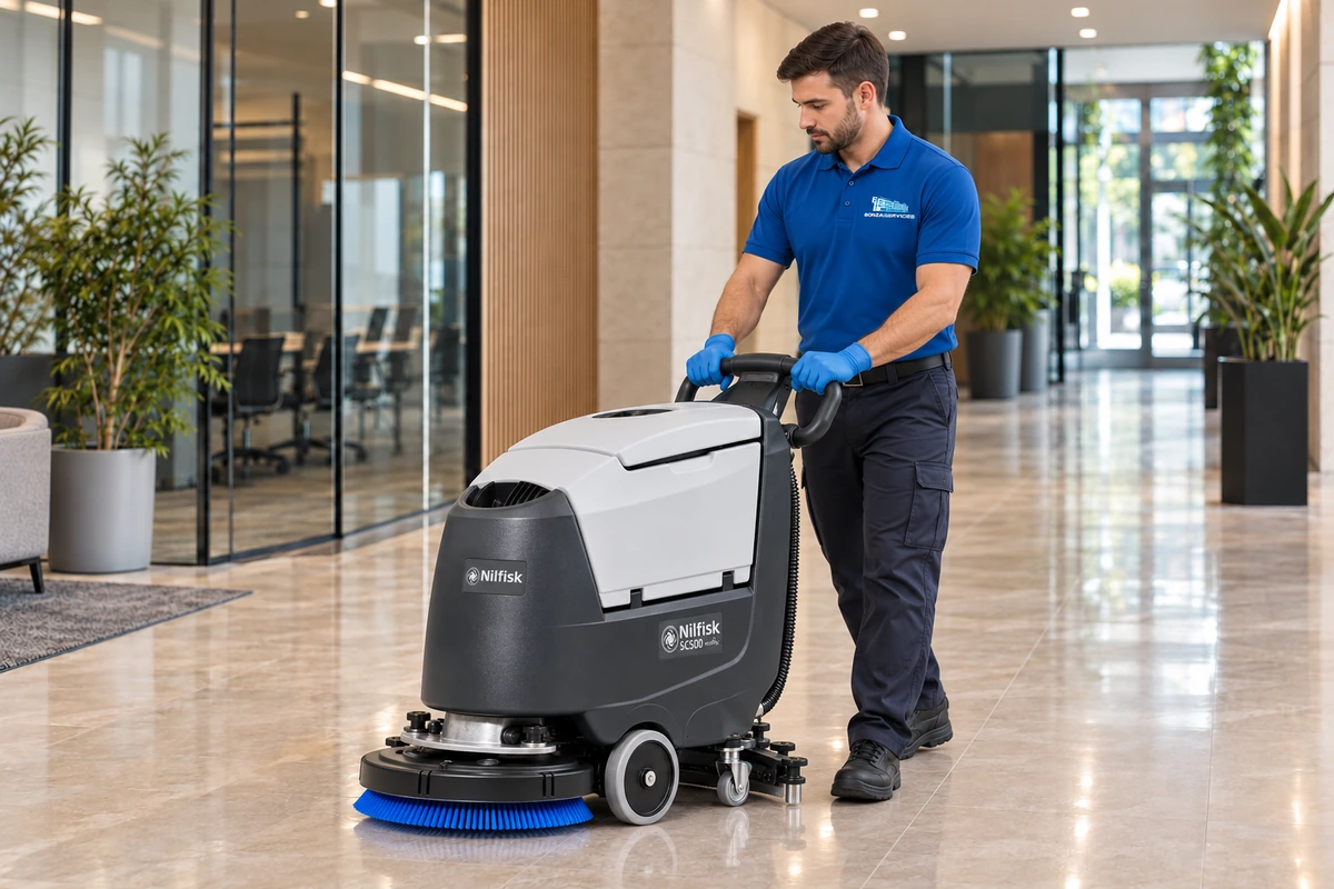 Illustration of a BONZA employee using a Nilfisk SC500 on a commercial hard floor